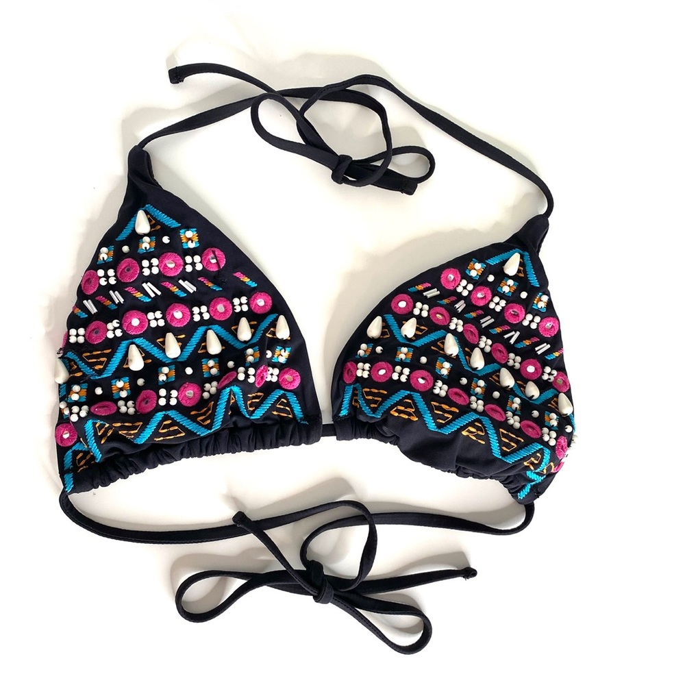 Nanette Lepore Beaded Black Bikini Top Embroidered Tie Neck Padded Cups Swim